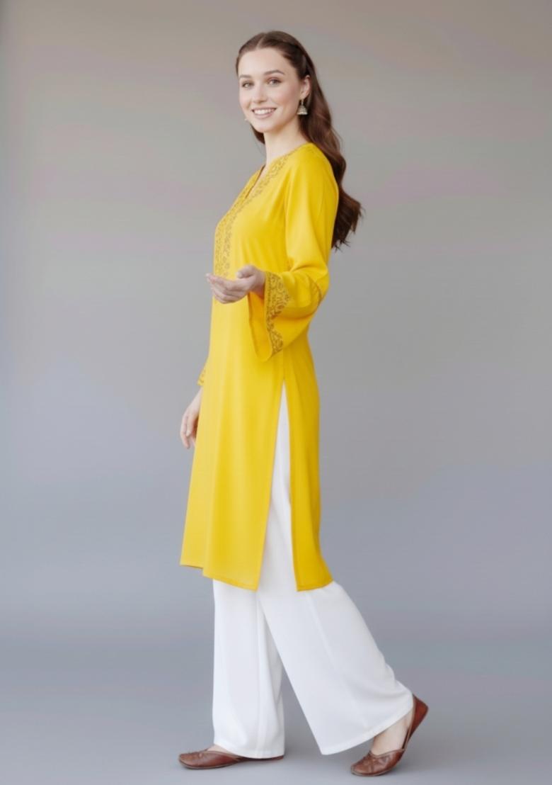 Yellow Embroidered Rayon Kurta Set - Indya