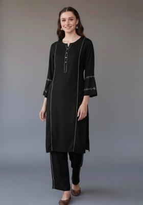 Black Embroidered Rayon Kurta Set