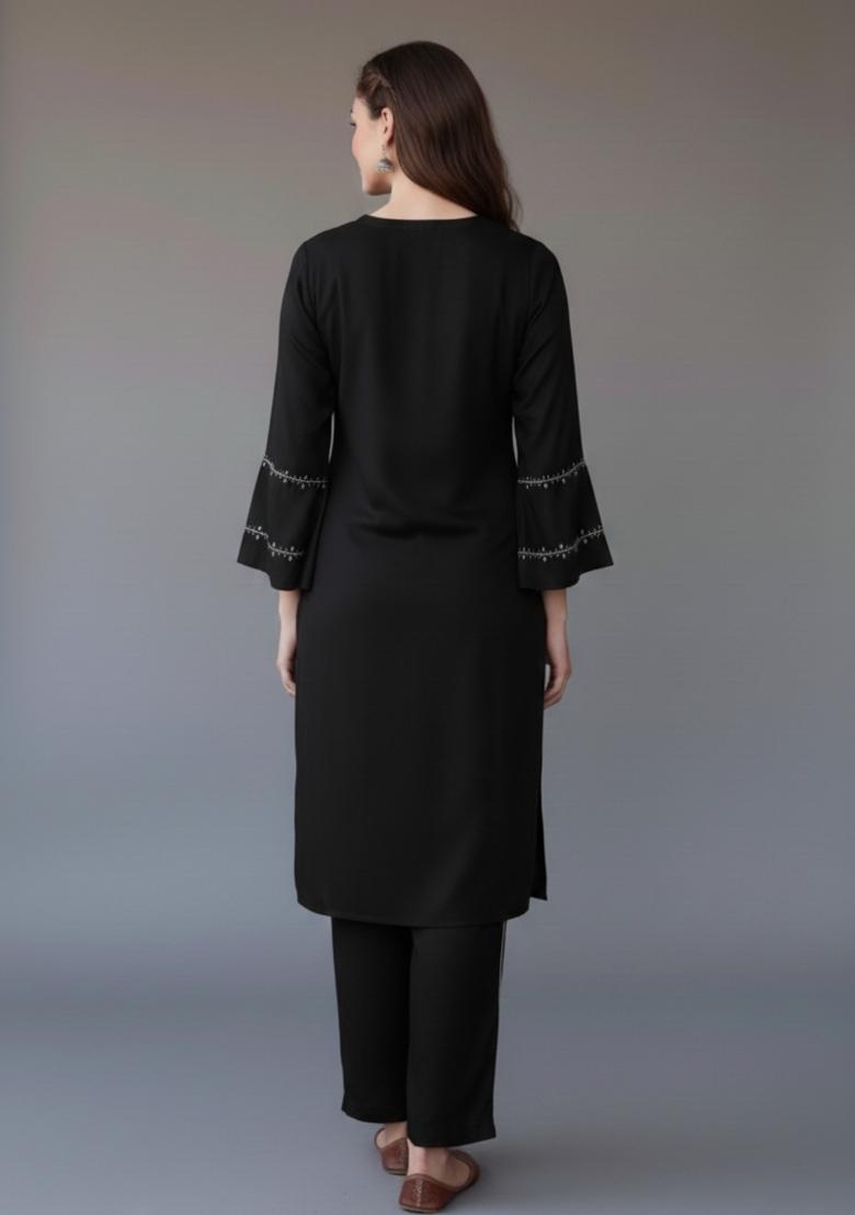 Black Embroidered Rayon Kurta Set - Indya