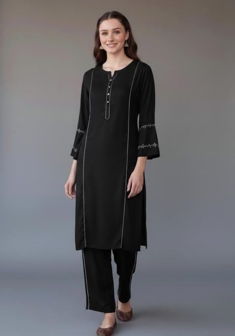 Black Embroidered Rayon Kurta Set