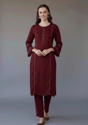 Maroon Embroidered Rayon Kurta Set