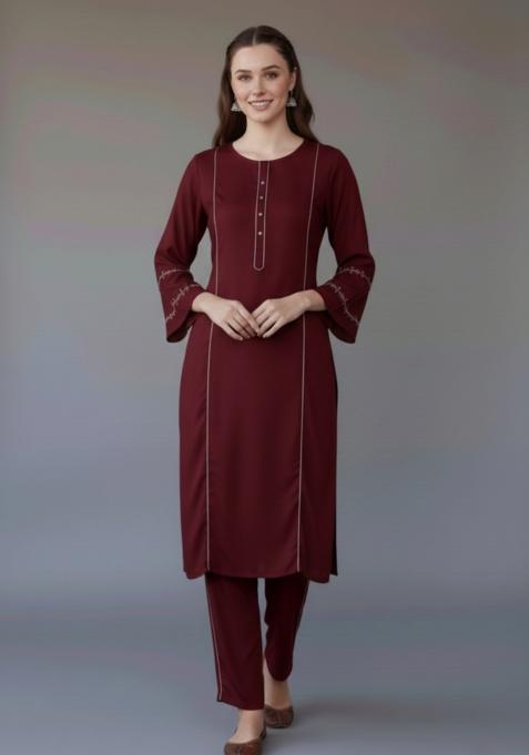 Maroon Embroidered Rayon Kurta Set