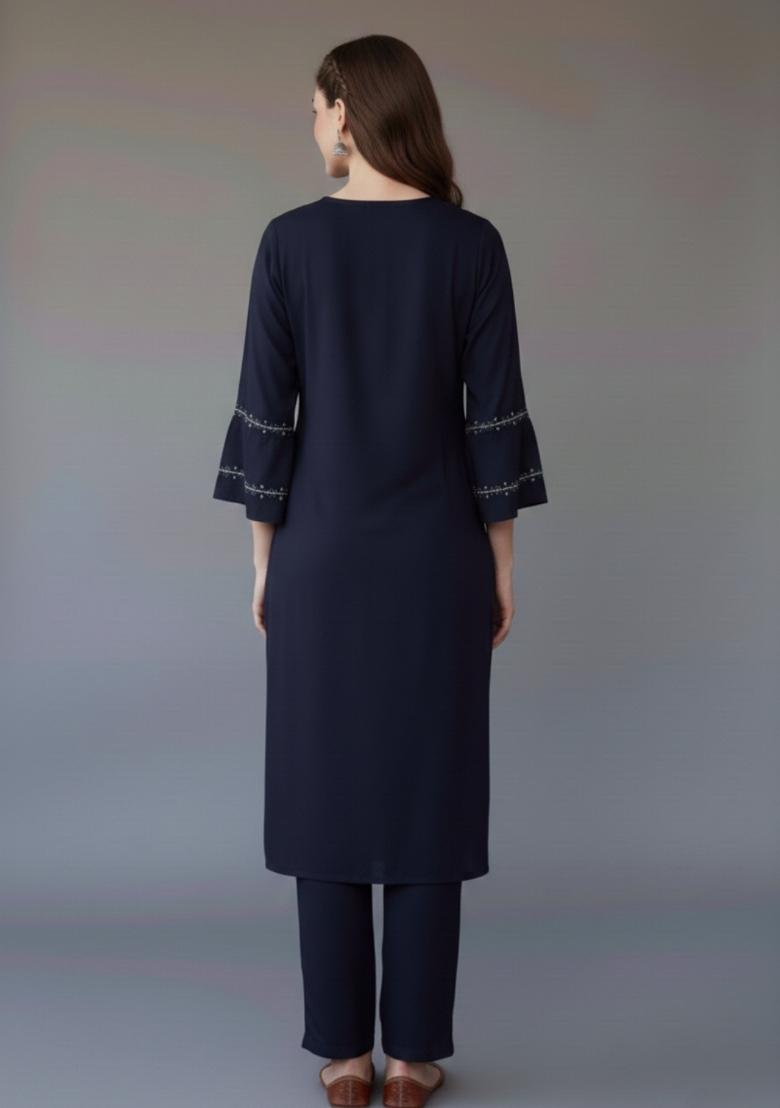 Navy Blue Embroidered Rayon Kurta Set - Indya