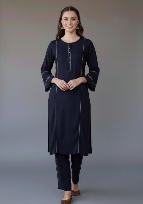 Navy Blue Embroidered Rayon Kurta Set