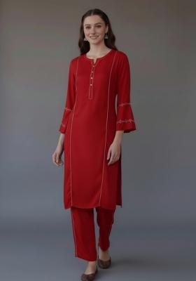 Red Embroidered Rayon Kurta Set