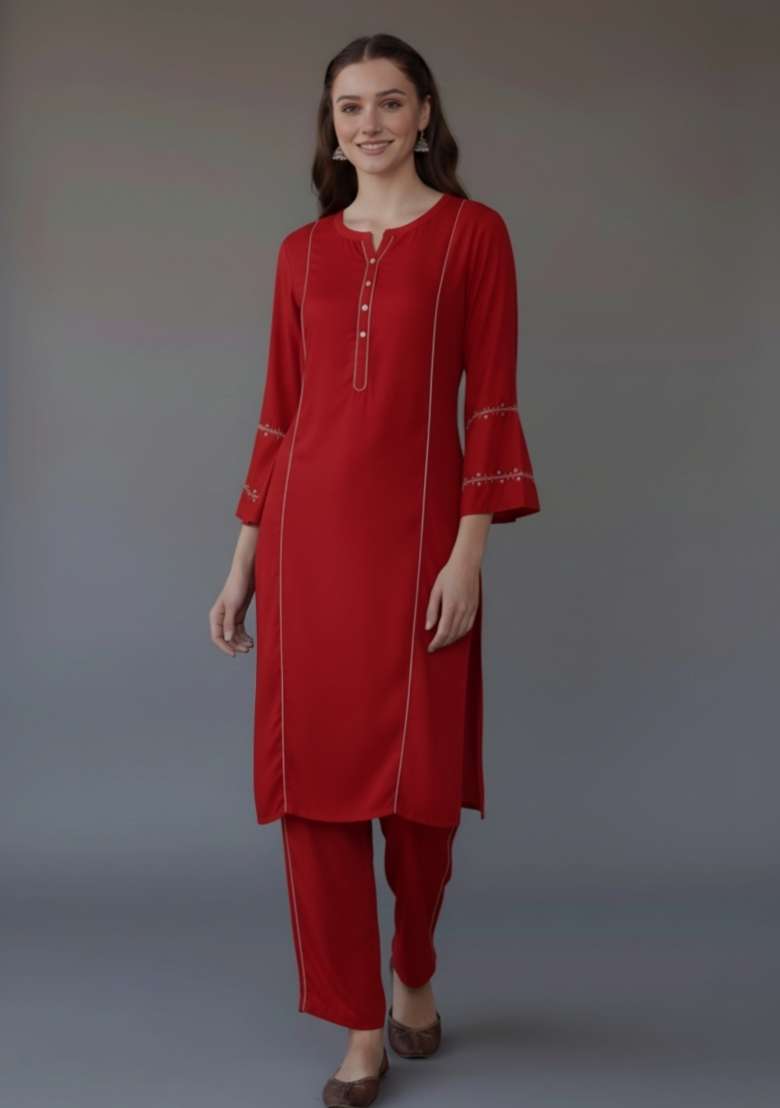 Red Solid Rayon Straight Kurta Set - Indya