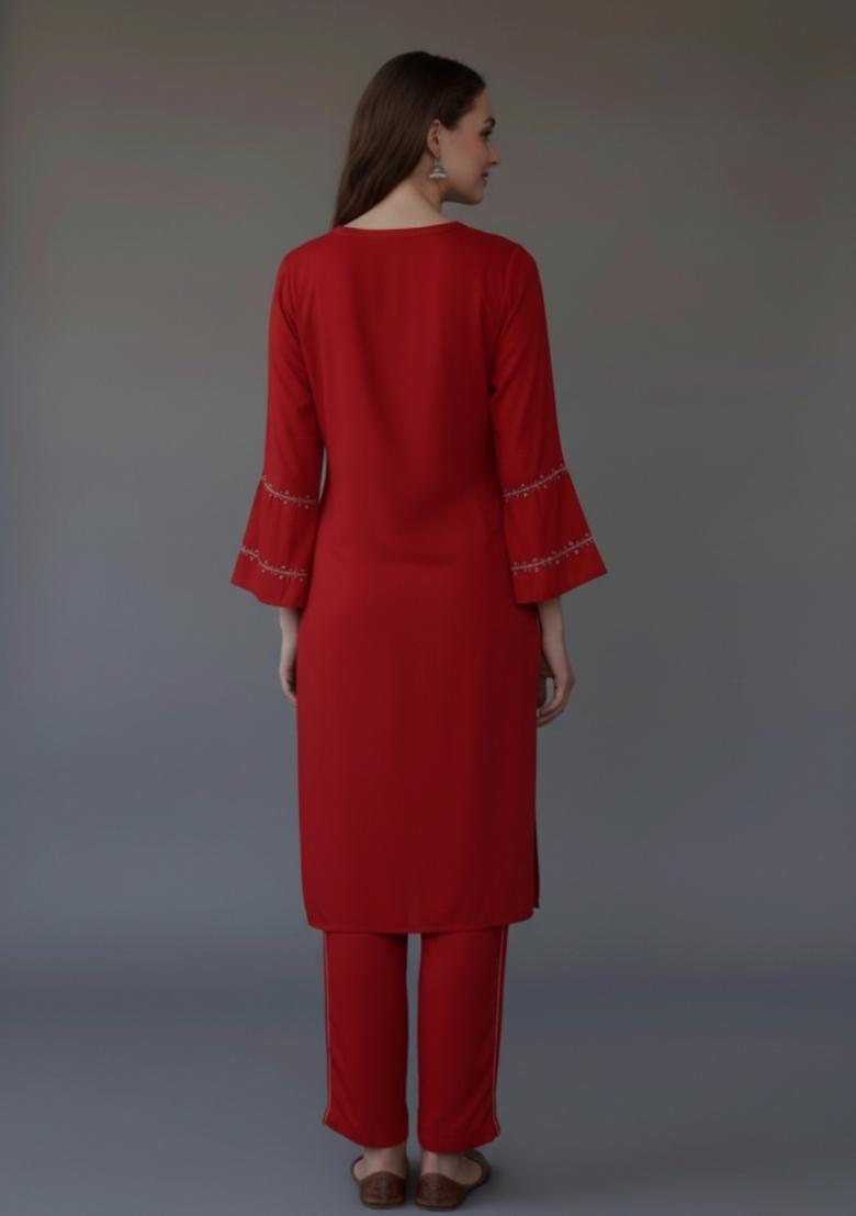 Red Embroidered Rayon Kurta Set - Indya