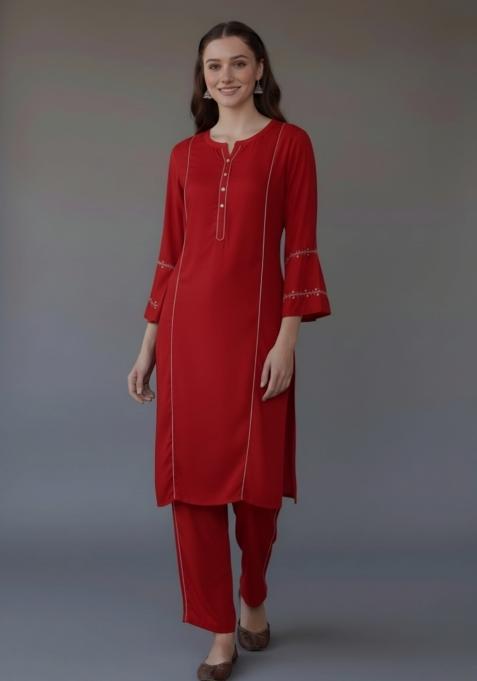Red Embroidered Rayon Kurta Set