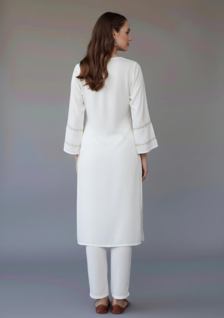 White Embroidered Rayon Kurta Set - Indya
