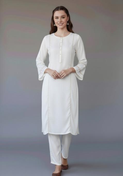 White Embroidered Rayon Kurta Set