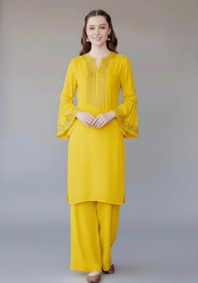 Yellow Embroidered Rayon Kurta Set