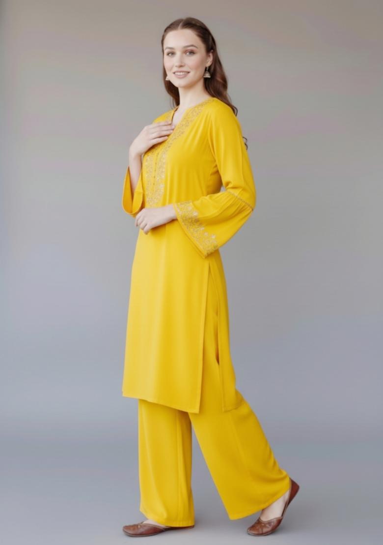 Yellow Embroidered Rayon Kurta Set - Indya