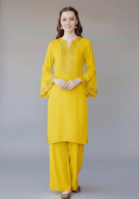 Yellow Embroidered Rayon Kurta Set