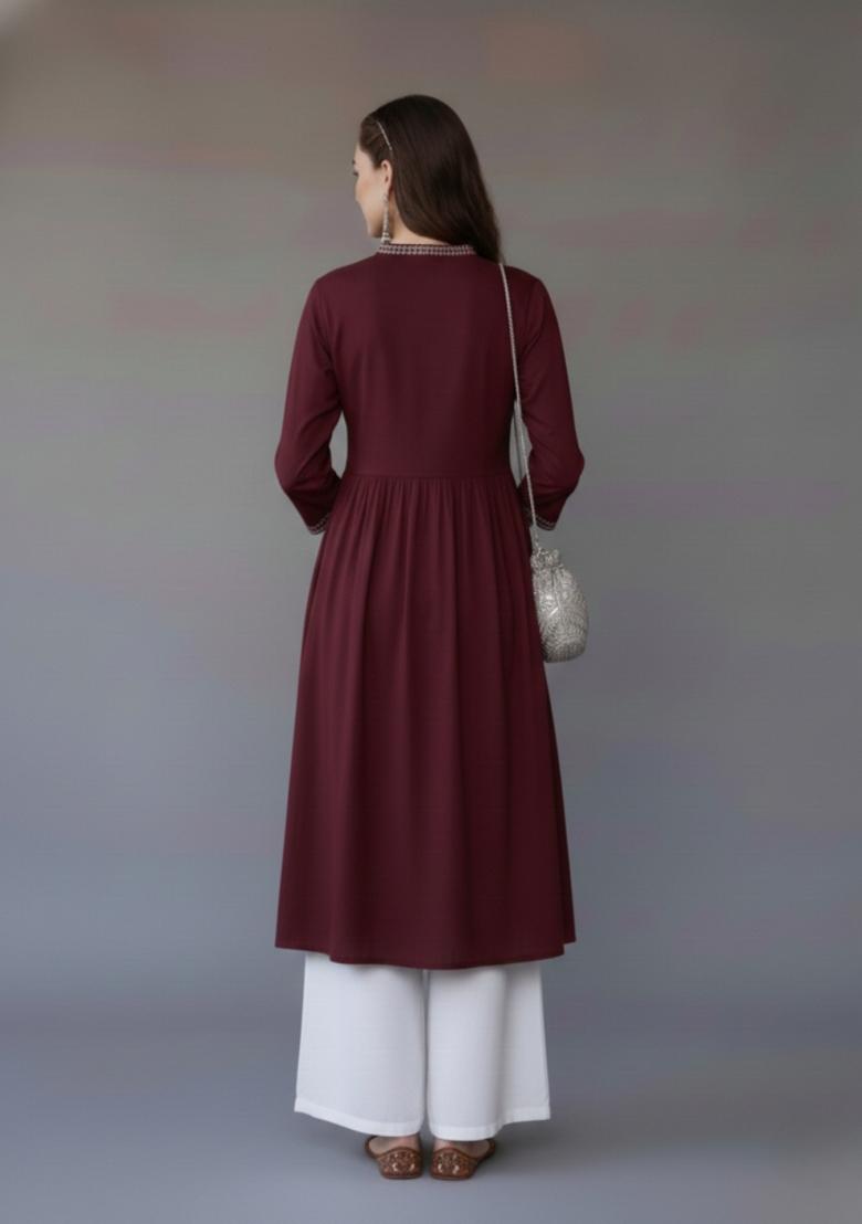 Maroon Embroidered Rayon Kurta Set - Indya