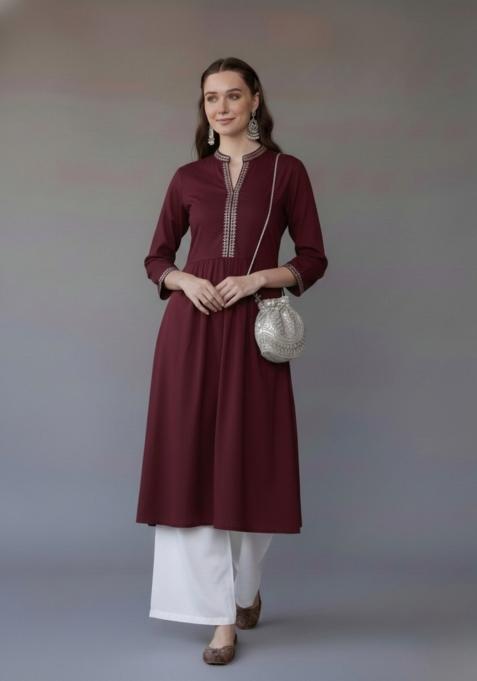 Maroon Embroidered Rayon Kurta Set