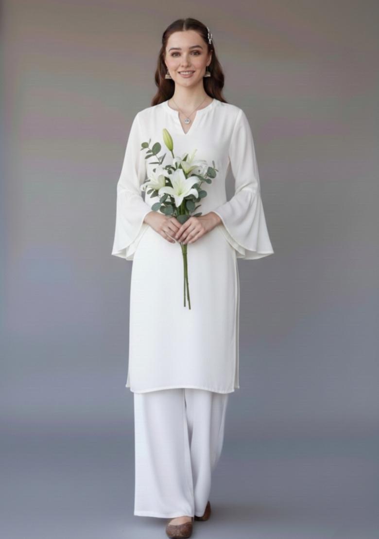 White Embroidered Rayon Kurta Set - Indya