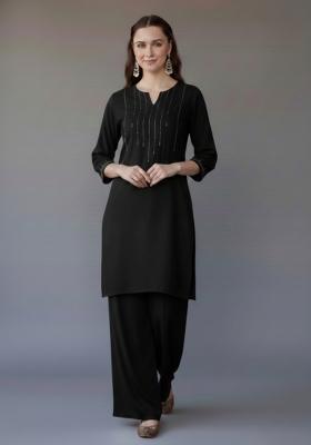 Black Embroidered Rayon Kurta Set