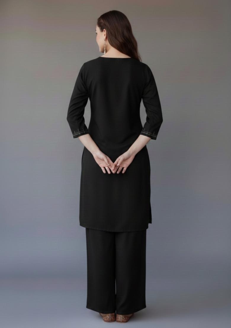 Black Embroidered Rayon Kurta Set - Indya