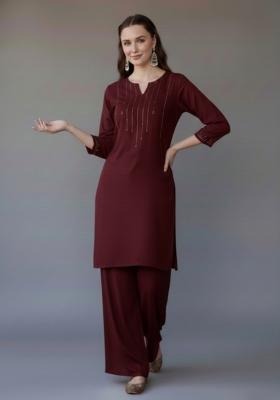 Maroon Embroidered Rayon Kurta Set