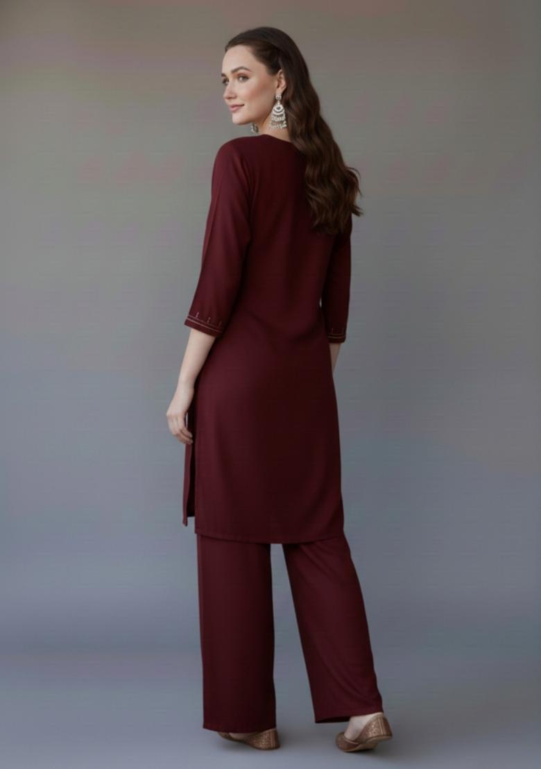 Maroon Embroidered Rayon Kurta Set - Indya
