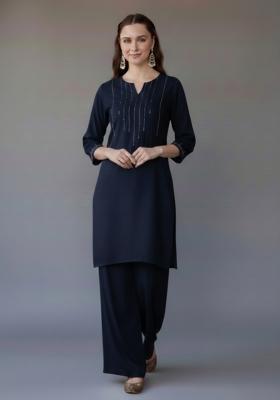 Navy Blue Embroidered Rayon Kurta Set