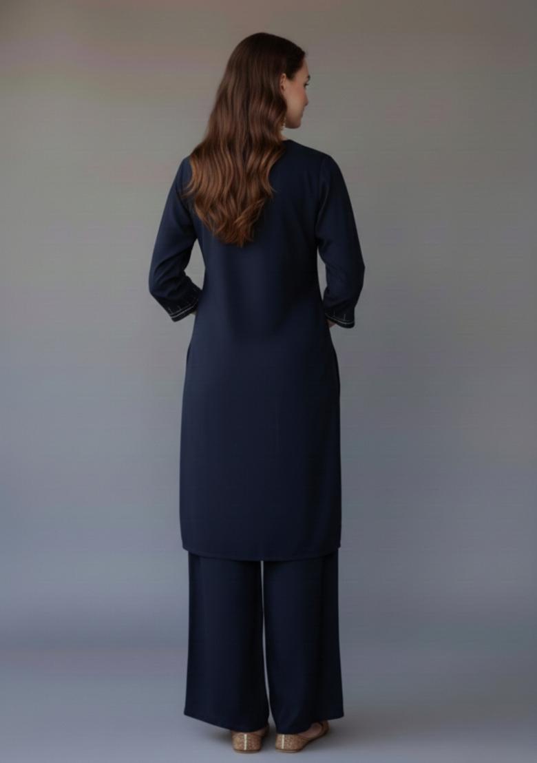 Navy Blue Embroidered Rayon Kurta Set - Indya