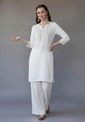 White Embroidered Rayon Kurta Set