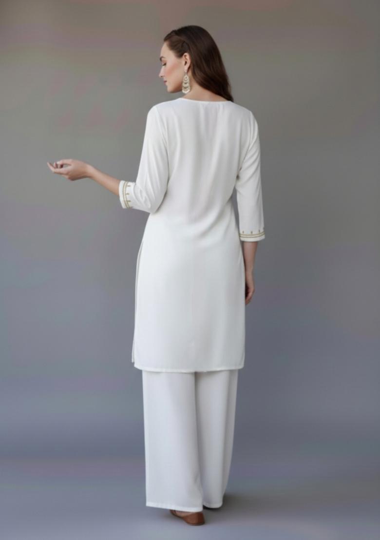 White Embroidered Rayon Kurta Set - Indya