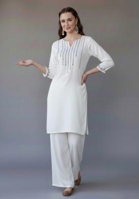 White Embroidered Rayon Kurta Set