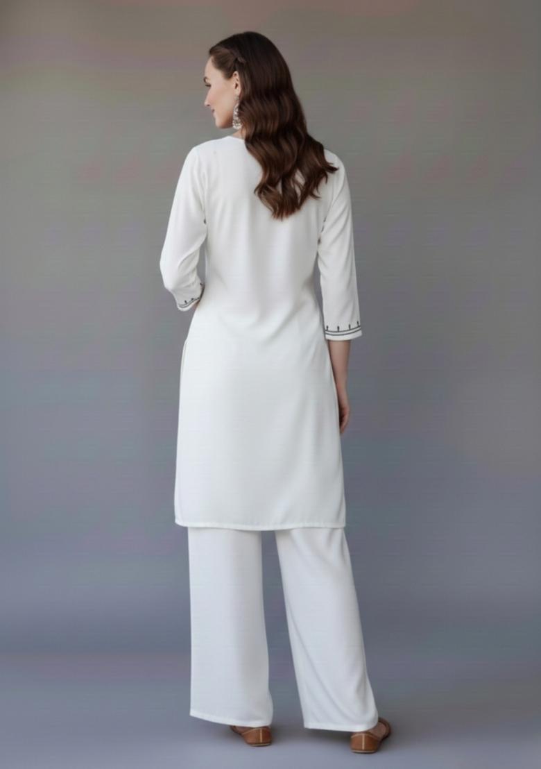 White Embroidered Rayon Kurta Set - Indya