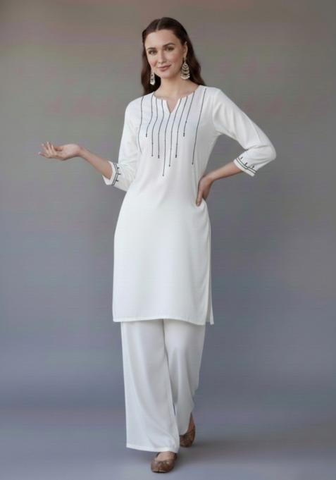 White Embroidered Rayon Kurta Set