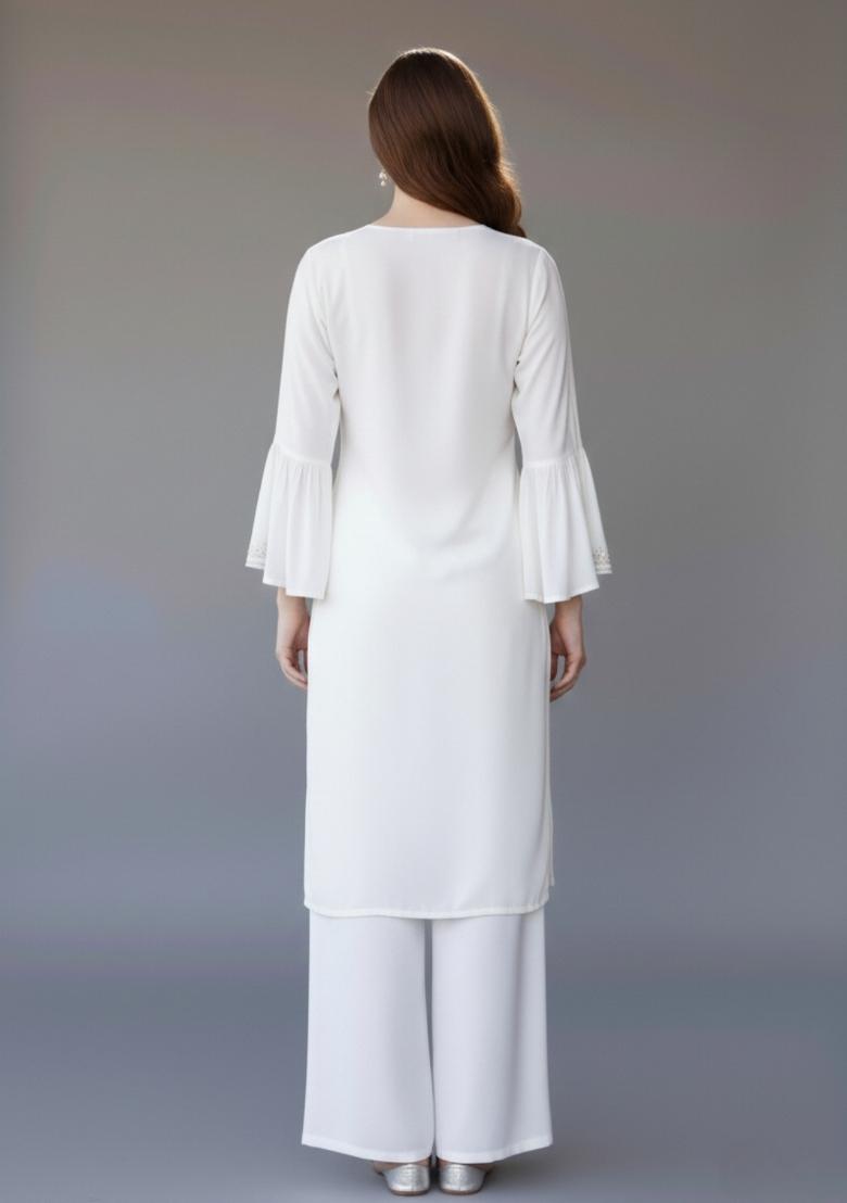 White Embroidered Rayon Kurta Set - Indya