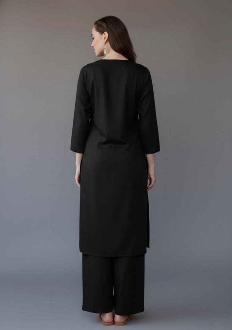 Black Embroidered Rayon Kurta Set - Indya
