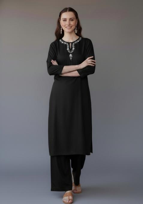Black Embroidered Rayon Kurta Set
