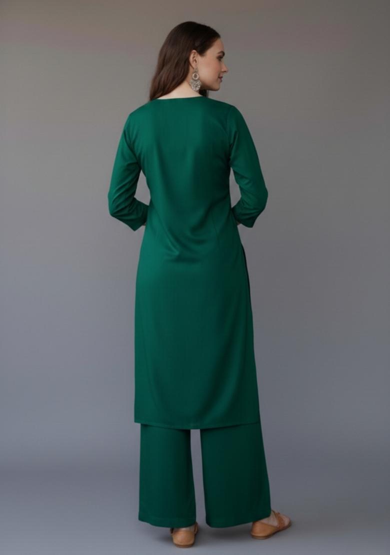 Green Embroidered Rayon Kurta Set - Indya