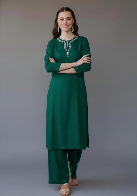 Green Embroidered Rayon Kurta Set