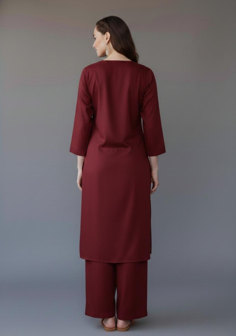 Maroon Embroidered Rayon Kurta Set - Indya