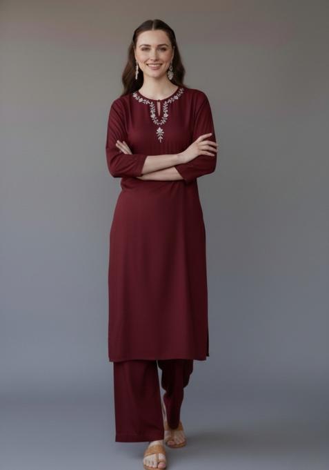 Maroon Embroidered Rayon Kurta Set