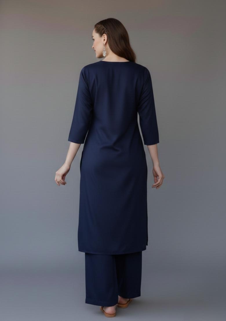 Navy Blue Embroidered Rayon Kurta Set - Indya