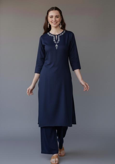 Navy Blue Embroidered Rayon Kurta Set