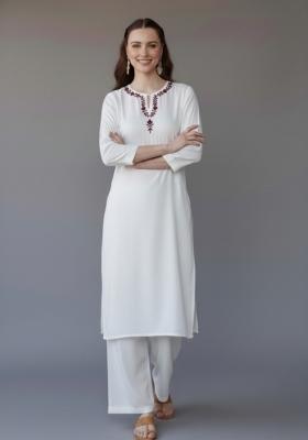 White Embroidered Rayon Kurta Set