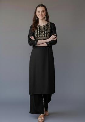 Black Embroidered Rayon Kurta Set