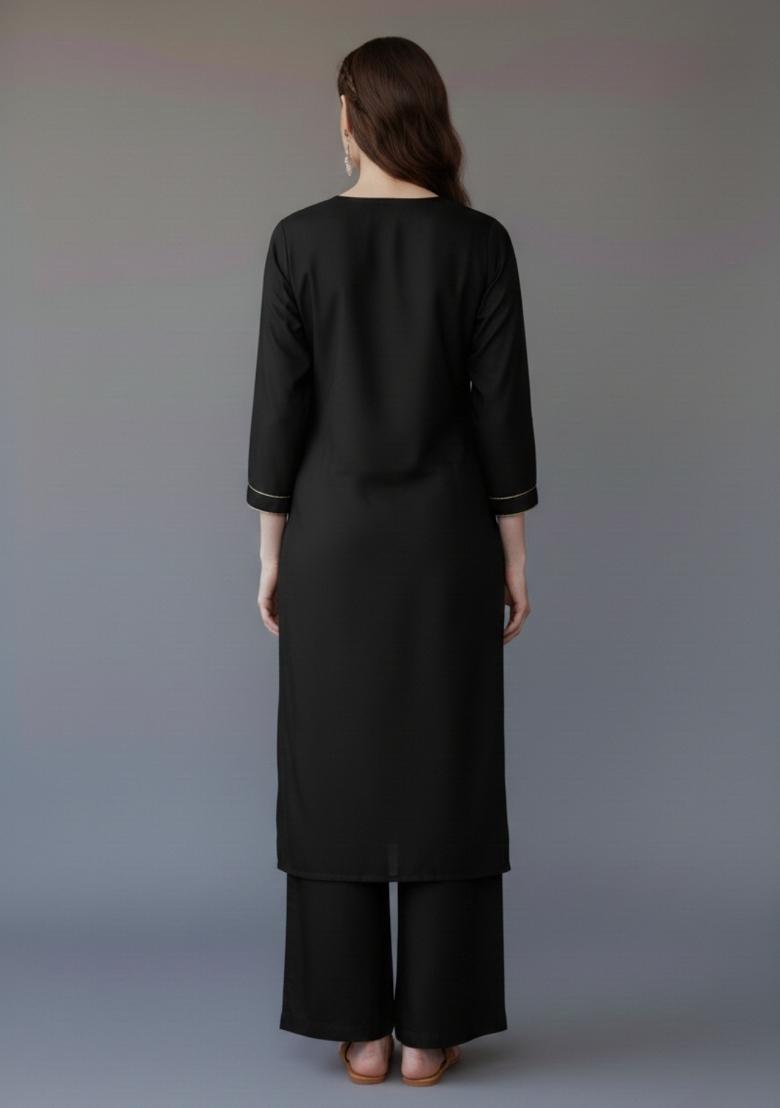 Black Embroidered Rayon Kurta Set - Indya