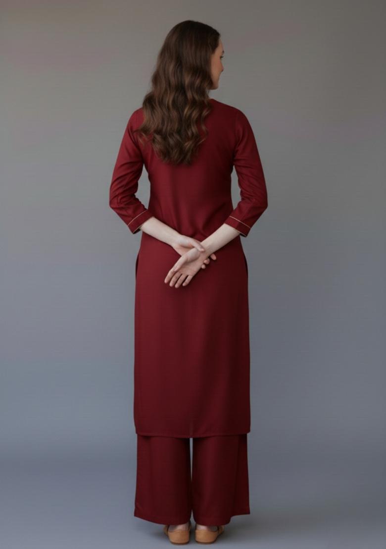 Maroon Embroidered Rayon Kurta Set - Indya