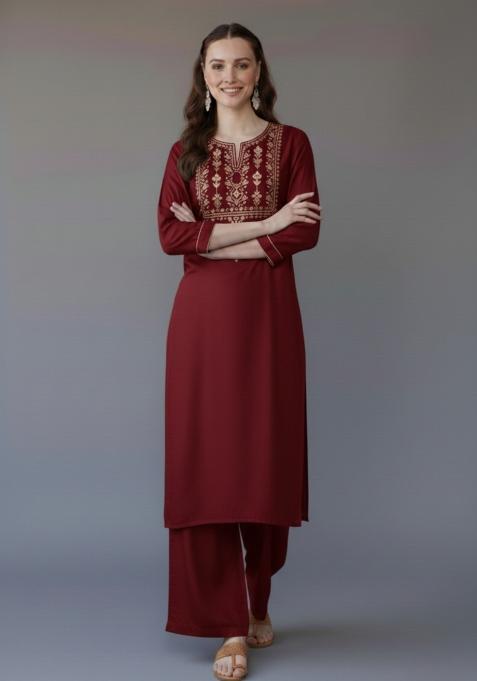 Maroon Embroidered Rayon Kurta Set
