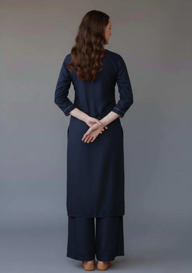 Navy Blue Embroidered Rayon Kurta Set - Indya