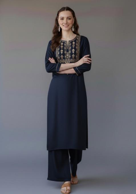 Navy Blue Embroidered Rayon Kurta Set