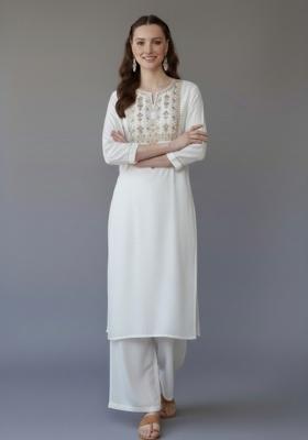 White Embroidered Rayon Kurta Set