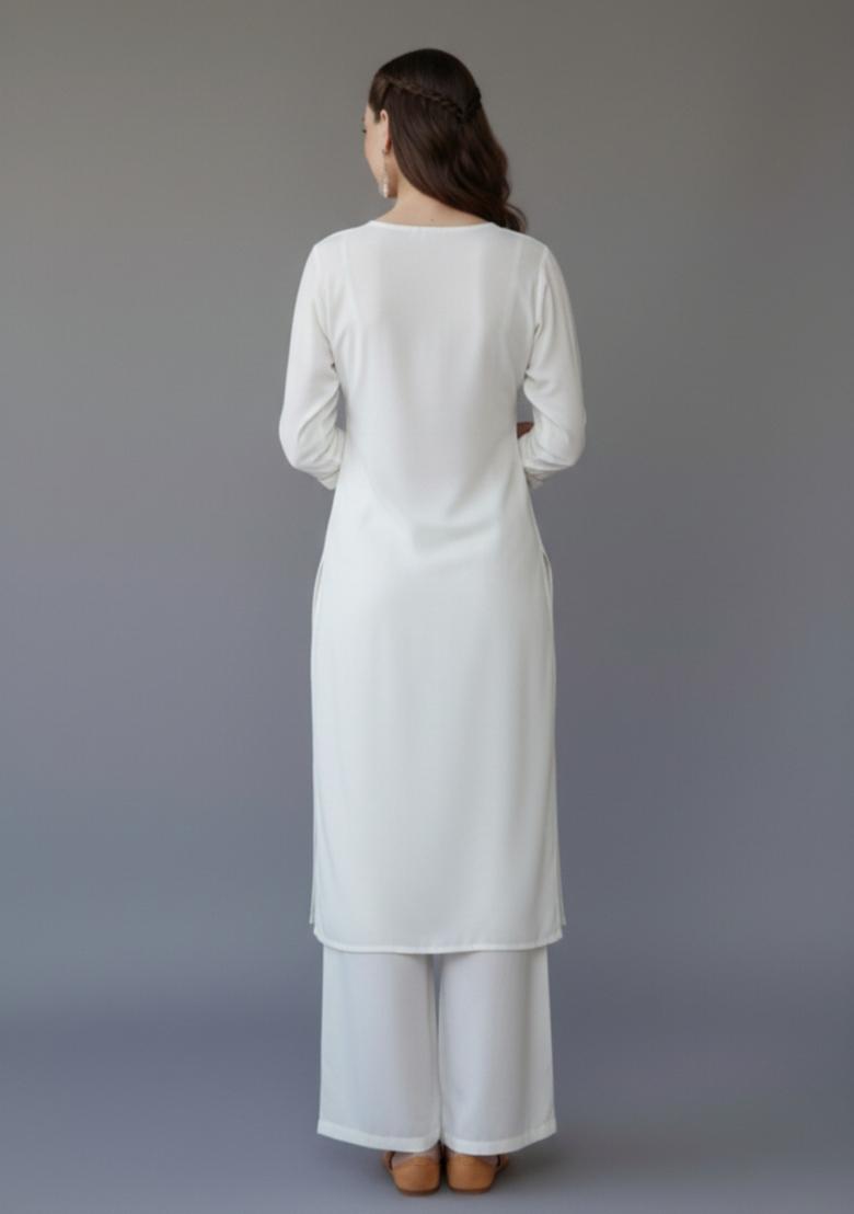 White Embroidered Rayon Kurta Set - Indya