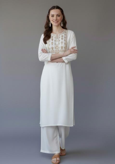 White Embroidered Rayon Kurta Set